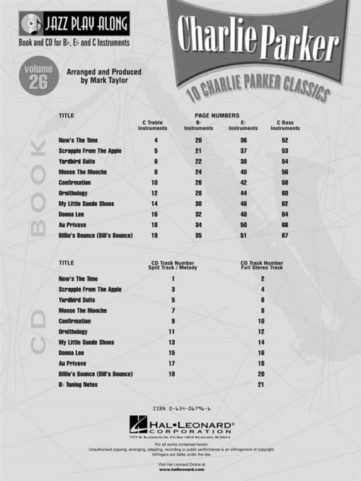 Jazz Play Along: Volume 26 - Charlie Parker